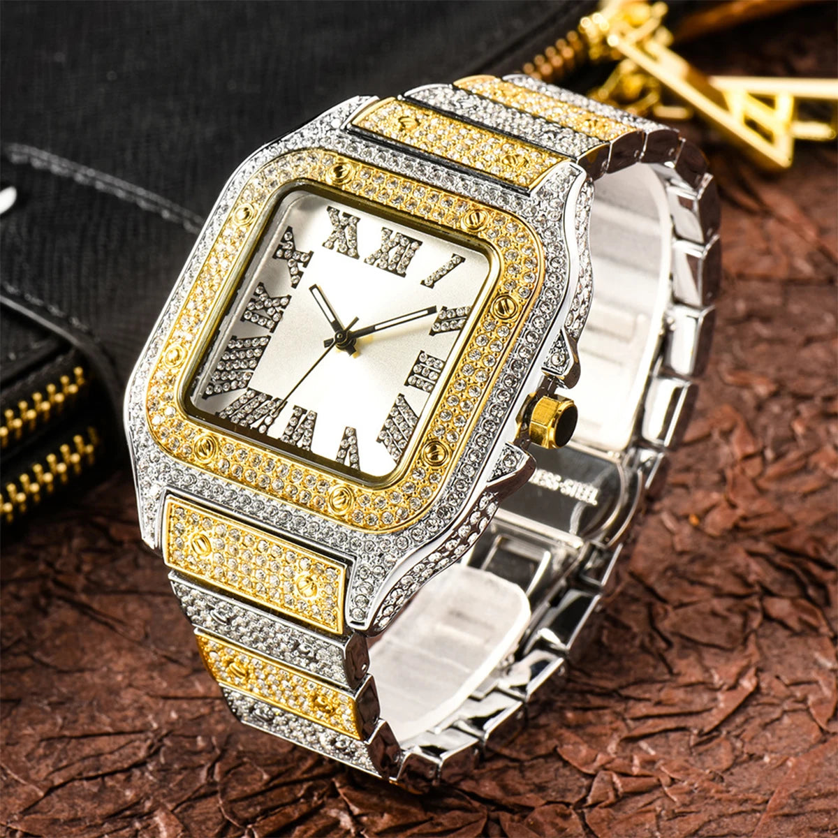 Aokaishen Iced Out Diamonds Watch – Stainless Steel, Zircon, Trendy