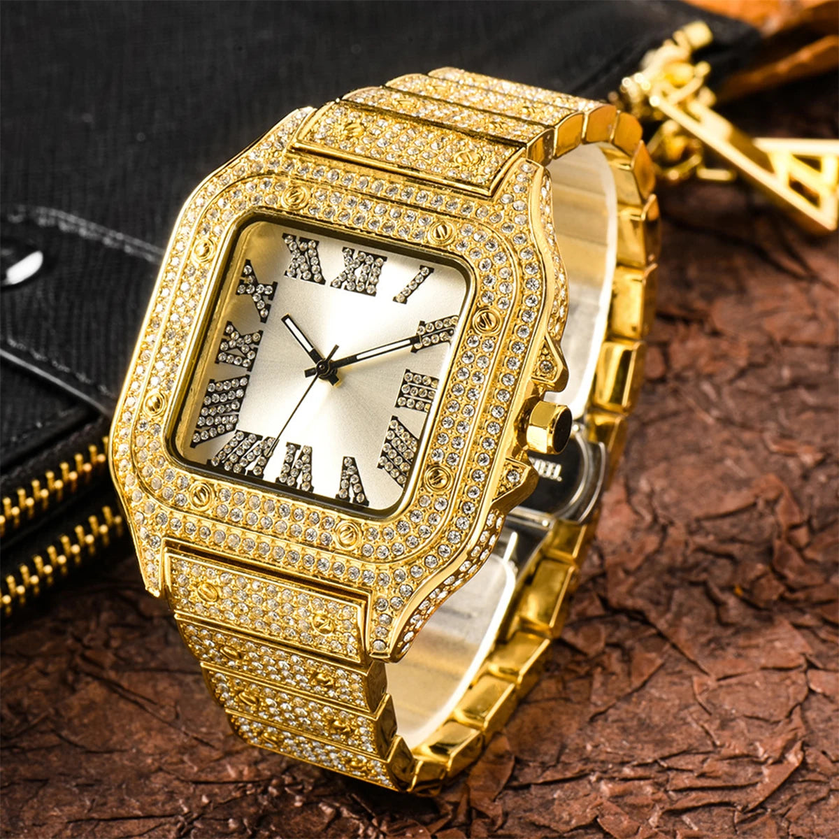 Aokaishen Iced Out Diamonds Watch – Stainless Steel, Zircon, Trendy