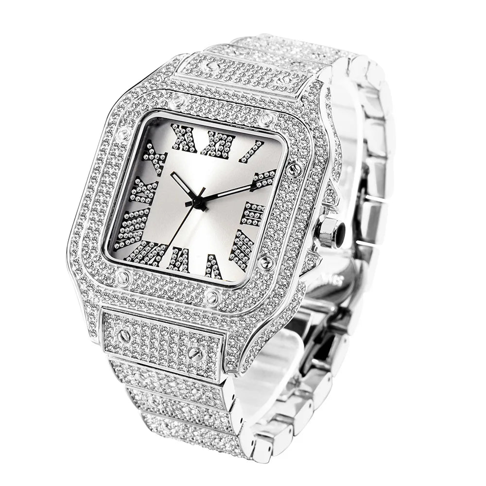 Aokaishen Iced Out Diamonds Watch – Stainless Steel, Zircon, Trendy