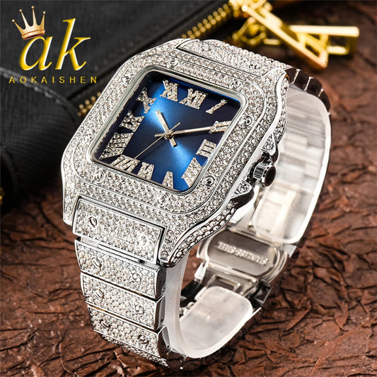 Aokaishen Iced Out Diamonds Watch – Stainless Steel, Zircon, Trendy